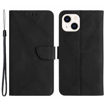HT05 for iPhone 15 Plus Skin-touch Flip Stand Wallet Leather Cover med preget Linje telefon etui