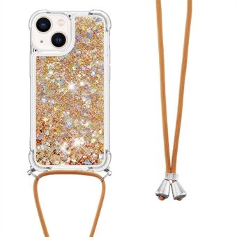 YB Quicksand Series-4 for iPhone 15 Plus Glitter Bling Liquid Case, forsterkede hjørner, TPU-telefondeksel med snor