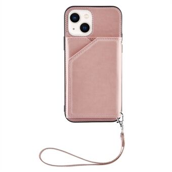 YB Leather Coating-serie 2 for iPhone 15 Plus Støtteben Telefonveske i skinn+TPU kortholder Deksel med rem