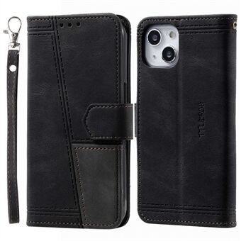 TTUDRCH For iPhone 15 Plus stil 004 Skinn-touch Lærveske RFID-blockerende lommebokstativ med håndleddsreim-deksel