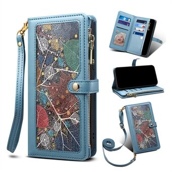 ESEBLE Galaxy-serien lommebok-telefondeksel i skinn for iPhone 15 Plus, RFID-blokkerende glidelåslomme og telefonstativ-deksel