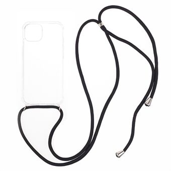 TPU-telefondeksel for iPhone 15 Plus, deksel med fire hjørner som beskytter mot fall, transparent bakside og snor.