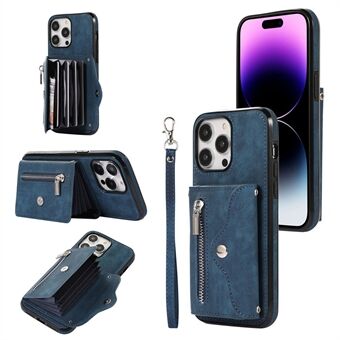 For iPhone 15 Plus, PU-skinn + TPU-støttefotpung, RFID-blokkerende lommebokhåndveske med glidelåslomme til telefonen.