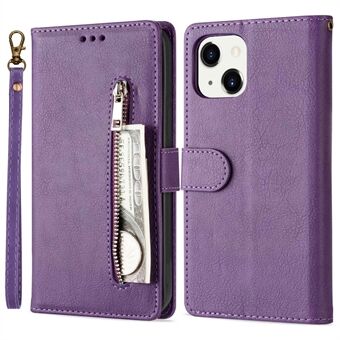 For iPhone 15 Plus PU lær lommebok-etui med glidelås og kuskinntekstur, ståfunksjon for telefon Deksel.