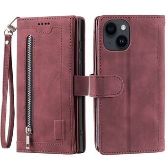 For iPhone 15 Plus Wallet Stand Cover med glidelåslomme, 9 kortspor, telefonbeskyttelse i PU-skinn.