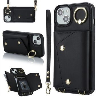 For iPhone 15 Plus PU skinnbelagt TPU-cover Glidelås lommebok Ring støtteben Telefonveske med 2 remmer