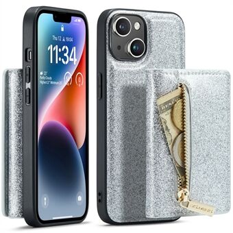 DG.MING M3-serien for iPhone 15 Plus Kickstand lommebokveske med glitterbelagt lær og avtagbart magnetisk PC+TPU-telefondeksel.