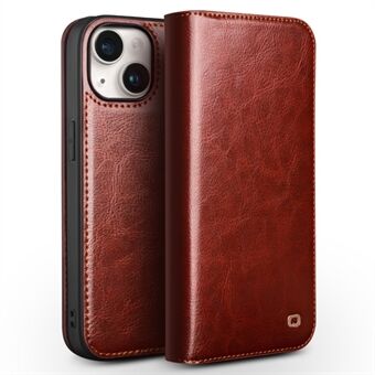 QIALINO For iPhone 15 Plus Anti-Drop Genuine Leather Phone Case Stand Full Wrapped Wallet Flip Cover
