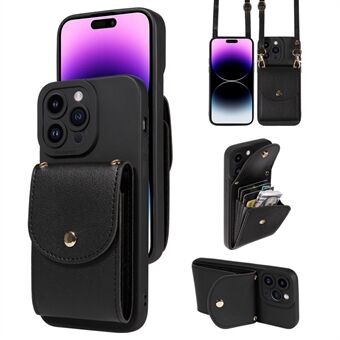 For iPhone 15 Plus Anti-Drop TPU-telefondeksel Kickstand PU-lommebok-telefonveske med skulderrem.