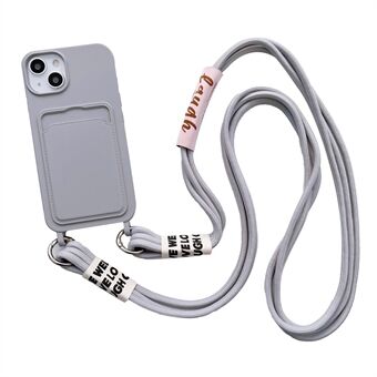 For iPhone 15 Plus flytende silikon-telefonveske med kortspor, beskyttende deksel med rem.