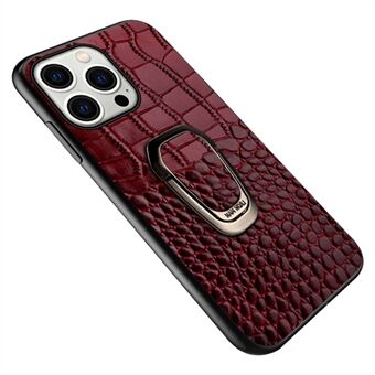 For iPhone 15 Plus Ring Kickstand-telefonbakdeksel i ekte ku skinn med krokodille tekstur og TPU mobildeksel.