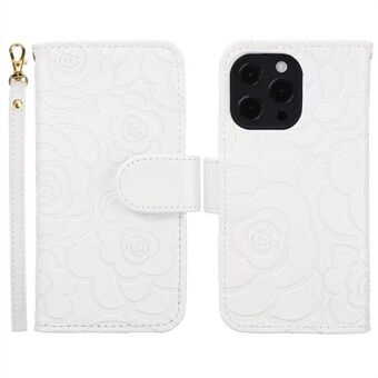 For iPhone 15 Plus PU-skinn lommebokstativ telefonveske med kamelia-avtrykk og anti-slip-deksel