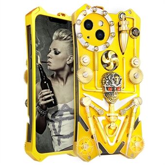 For iPhone 15 Plus Steampunk-mobildeksel med støttebein, metall, med skalle og tannhjul - gull.