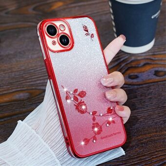 For iPhone 15 Plus Fleksibel TPU fargeovergang telefondeksel Blomst Glitter Rhinestone Mobiltelefondeksel.