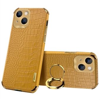 For iPhone 15 Plus Krokodilleteksturert skinn+TPU-deksel med finger ring stativ mobildeksel