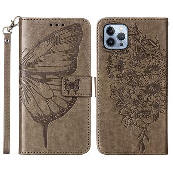 YB Imprinting-serie 4 for iPhone 15 Pro Lærtelefondeksel med stativ Lommebokfutteral med sommerfuglmønster og reim