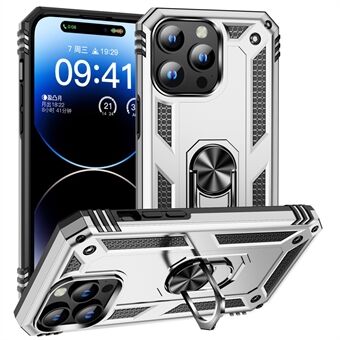 For iPhone 15 Pro Kickstand telefonveske i PC+TPU-materiale med innebygd magnetisk holder og metallplate.