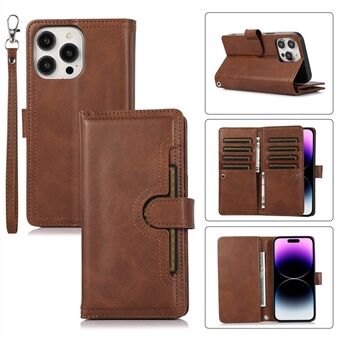 For iPhone 15 Pro Split Leather Stand-dekke Med Flere Kortspor Lommebok Telefonetu med Stropp