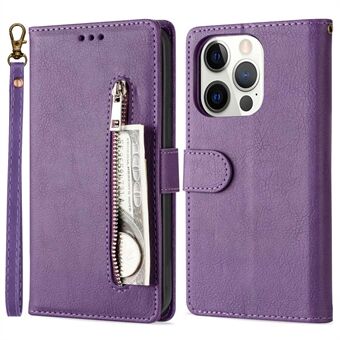 For iPhone 15 Pro Telefon Lommebok-omslag i skinn med glidelåslomme og kalvtekstur, lommebokstativ