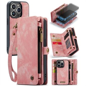 CASEME 008-serien for iPhone 15 Pro Glidelåslomme Lommebokstativ Dekkbart avtakbart lær+TPU-telefonveske
