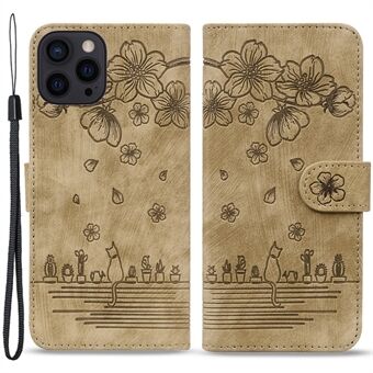 Lærveske til iPhone 15 Pro, med blomsterkatt-motiv, mobiltilfelle med lommebok og stativ, med stropp.