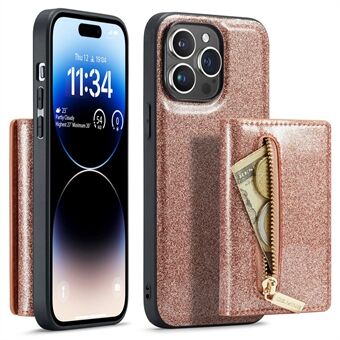 DG.MING M3-serien for iPhone 15 Pro Stativdeksel Glitterbelagt lærbelagt PC+TPU Avtagbart lommebok-telefondeksel