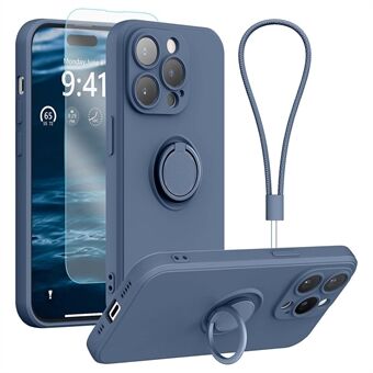 For iPhone 15 Pro telefonveske med ringholder, kickstand, flytende silikon deksel med stropp + herdet glass skjermbeskytter