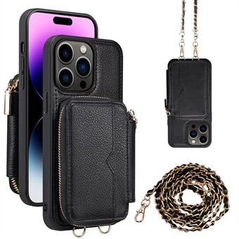 For iPhone 15 Pro Kickstand Anti-drop-deksel PU-lær + TPU-glidelås-lommeboktelefonsak med kjettingstropp