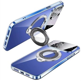 VOERO belegg mot fall Electroplating PC-etui for iPhone 15 Pro med støtteben, glasslinsefilm og telefonkabinett som er kompatibelt med MagSafe.