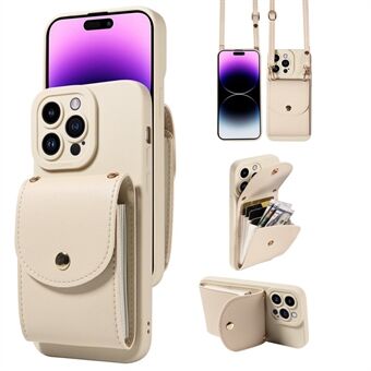 PU-kortholder Kickstand-etu for iPhone 15 Pro. Ripebestandig TPU-telefondeksel med skulderrem.