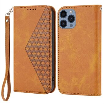 For iPhone 15 Pro PU Leather Phone Case Inngravert Rhombus Mønster Visningsstativ Lommebokdeksel