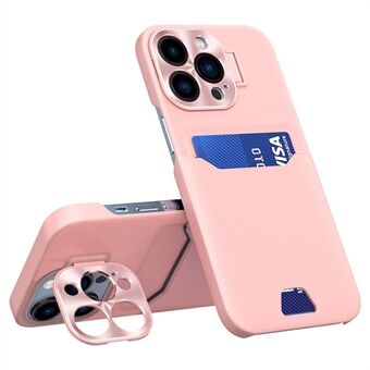 For iPhone 15 Pro Kortholder Skinn+PC Telefonveske Metalllinseramme Støtteben Ripebestandig Deksel