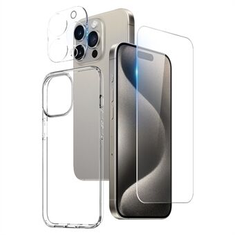 NORTHJO 3-i-1 støtsikkert deksel for iPhone 15 Pro-etui med HD herdet glass skjermbeskytter / kamerolinsefilm