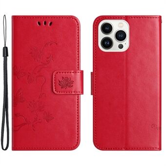 For iPhone 15 Pro Max Ripesikkert PU-skinn lommebok-telefondeksel med sommerfugl- og blomstermønster samt støtte
