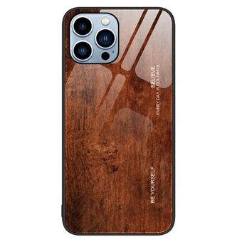 For iPhone 15 Pro Max Wood Grain Design Telefonveske med herdet glassbakside + TPU-ramme bakdeksel