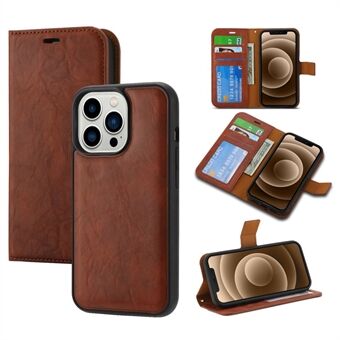 Crazy Horse tekstur lommeboktelefonveske for iPhone 15 Pro Max. Avtagbart 2-i-1 magnetisk absorbering PU-telefondeksel.