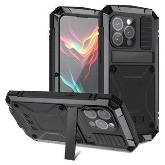 R-JUST til iPhone 15 Pro Max, Anti-drop mobildeksel i PC+Silikon+Metall med stativ og herdet glassfilm.