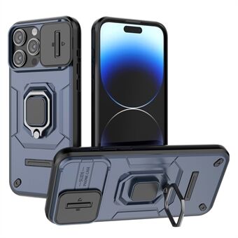 For iPhone 15 Pro Max, Beskyttende mobildeksel med skliekamera, PC+TPU, Kickstand