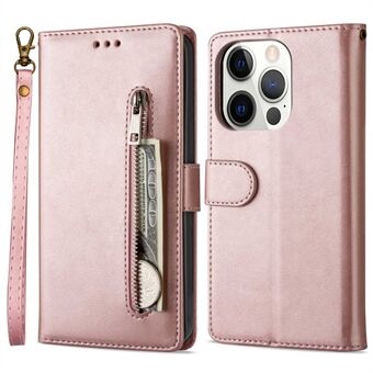 For iPhone 15 Pro Max glidelås lommebok mobildeksel i skinn med ståfunksjon og kalvetekstur