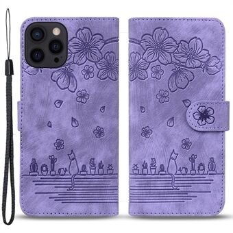 Antidråpe-etui for iPhone 15 Pro Max i skinn med lommebok og stativ, trykket blomst og katt, med stropp
