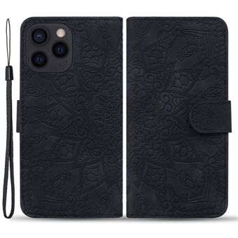 For iPhone 15 Pro Max støvtett Flower Imprint-telefondeksel med kalvtekstur, stativ og lommebok i skinn.