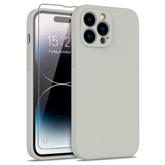 For iPhone 15 Pro Max-telefondeksel av flytende silikon med støtdempende design og herdet glass skjermbeskytter.