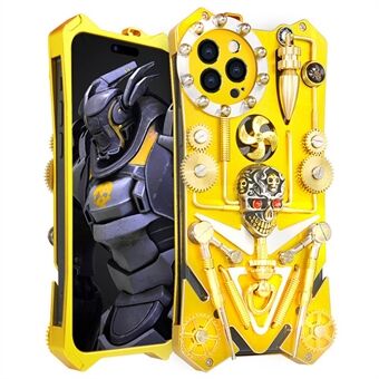 For iPhone 15 Pro Max Metal Gear Kickstand telefonveske med skalleleketøy Steampunk støtsikker deksel - Gull
