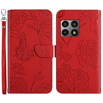 For OnePlus 10 Pro Butterfly Flowers Imprinting PU-lærlommebok telefonveske Sprutsikkert Stand med praktisk stropp