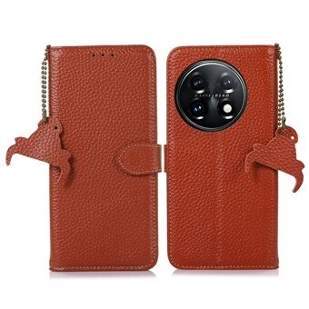 For OnePlus 11 5G RFID- Stand skalldeksel Ekte kuskinn Litchi Texture lommebokveske