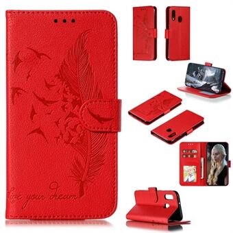 Litchi Texture Imprint Feather Leather Phone Case med lommebok Stand til Samsung Galaxy A20e