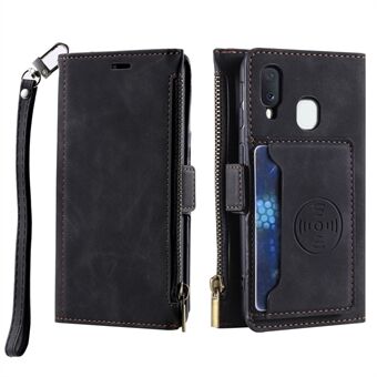 Multifunctional Zipper Pocket PU Leather Kickstand Phone Case Cover with Wrist Strap for Samsung Galaxy A20e