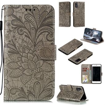 Imprinted Lace Flower Skin Leather med Wallet Stand Case for Samsung Galaxy A41 (Global versjon)