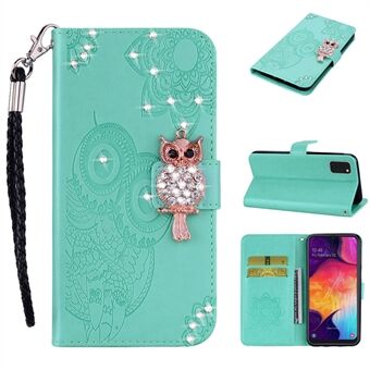 Owl Imprint Rhinestone Decor Leather Phone Shell for Samsung Galaxy A41 (Global Version)