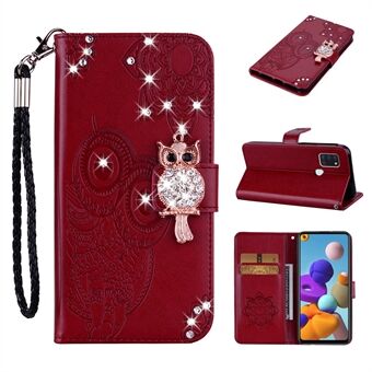 Owl Imprint Rhinestone Decor Leather Phone Cover Case for Samsung Galaxy A21s